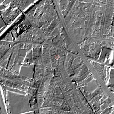 Shaded relief map of the ground around B688LZ, computed from Environment Agency LiDAR. The ground here sits at about 165 m above sea level and falls 25 m across the surrounding 800 m. Surface water reaching this point runs off ground lying to the south-east, 1.2 m higher.