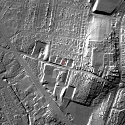 Shaded relief map of the ground around B688NE, computed from Environment Agency LiDAR. The ground here sits at about 182 m above sea level and falls 42 m across the surrounding 800 m. Surface water reaching this point runs off ground lying to the east, 23.8 m higher.