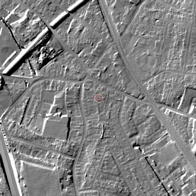 Shaded relief map of the ground around B688NN, computed from Environment Agency LiDAR. The ground here sits at about 166 m above sea level and falls 24 m across the surrounding 800 m. Surface water reaching this point runs off ground lying to the south-east, 1.3 m higher.