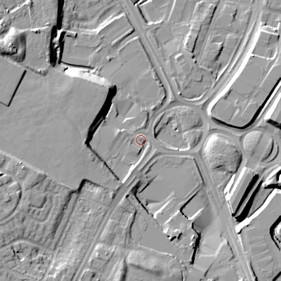 Shaded relief map of the ground around B691DT, computed from Environment Agency LiDAR. The ground here sits at about 153 m above sea level and falls 20 m across the surrounding 800 m. Surface water reaching this point runs off ground lying to the west-south-west, 8.1 m higher.