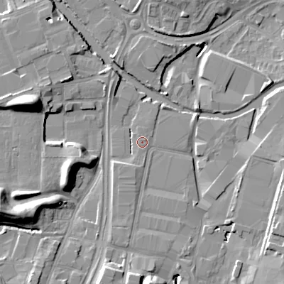 Shaded relief map of the ground around B692AP, computed from Environment Agency LiDAR. The ground here sits at about 145 m above sea level and falls 18 m across the surrounding 800 m. The ground contributing surface water to this point lies to the north-east.