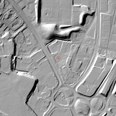 Shaded relief map of the ground around B692AQ, computed from Environment Agency LiDAR. The ground here sits at about 147 m above sea level and falls 19 m across the surrounding 800 m. Surface water reaching this point runs off ground lying to the east-south-east, 3.3 m higher.