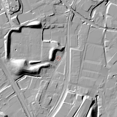 Shaded relief map of the ground around B692AS, computed from Environment Agency LiDAR. The ground here sits at about 144 m above sea level and falls 19 m across the surrounding 800 m. Surface water reaching this point runs off ground lying to the west-south-west, 15.5 m higher.