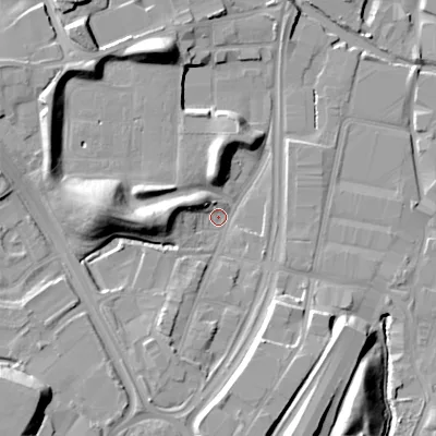 Shaded relief map of the ground around B692AX, computed from Environment Agency LiDAR. The ground here sits at about 145 m above sea level and falls 17 m across the surrounding 800 m. Surface water reaching this point runs off ground lying to the west, 15.3 m higher.