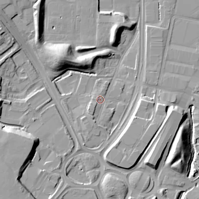 Shaded relief map of the ground around B692AZ, computed from Environment Agency LiDAR. The ground here sits at about 148 m above sea level and falls 17 m across the surrounding 800 m. Surface water reaching this point runs off ground lying to the south-south-west, 2.8 m higher.