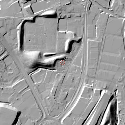 Shaded relief map of the ground around B692BA, computed from Environment Agency LiDAR. The ground here sits at about 146 m above sea level and falls 17 m across the surrounding 800 m. Surface water reaching this point runs off ground lying to the west, 15.3 m higher.