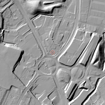 Shaded relief map of the ground around B692BD, computed from Environment Agency LiDAR. The ground here sits at about 149 m above sea level and falls 18 m across the surrounding 800 m. Surface water reaching this point runs off ground lying to the west-south-west, 2.1 m higher.