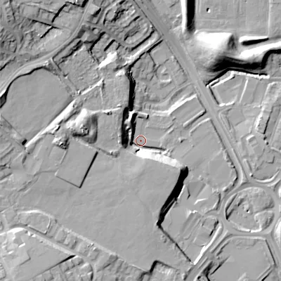 Shaded relief map of the ground around B692JG, computed from Environment Agency LiDAR. The ground here sits at about 150 m above sea level and falls 24 m across the surrounding 800 m. Surface water reaching this point runs off ground lying to the west, 14.3 m higher.