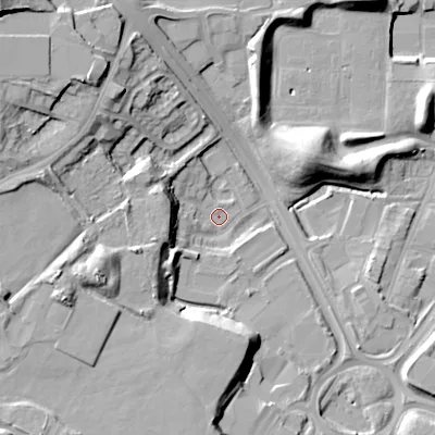 Shaded relief map of the ground around B692JN, computed from Environment Agency LiDAR. The ground here sits at about 149 m above sea level and falls 26 m across the surrounding 800 m. Surface water reaching this point runs off ground lying to the west-south-west, 14.7 m higher.