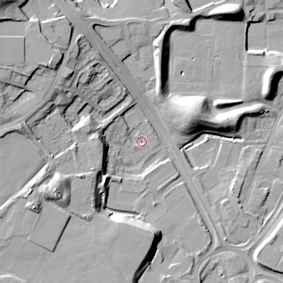 Shaded relief map of the ground around B692JW, computed from Environment Agency LiDAR. The ground here sits at about 148 m above sea level and falls 27 m across the surrounding 800 m. Surface water reaching this point runs off ground lying to the west-north-west, 4.6 m higher.