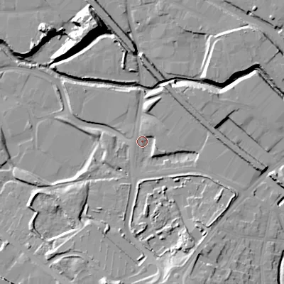 Shaded relief map of the ground around B693AZ, computed from Environment Agency LiDAR. The ground here sits at about 136 m above sea level and falls 23 m across the surrounding 800 m. Surface water reaching this point runs off ground lying to the south-south-east, 13.6 m higher.