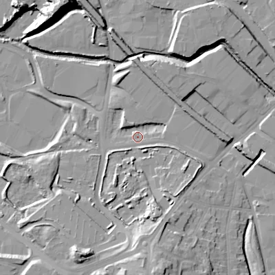 Shaded relief map of the ground around B693BH, computed from Environment Agency LiDAR. The ground here sits at about 137 m above sea level and falls 23 m across the surrounding 800 m. Surface water reaching this point runs off ground lying to the east, 6.6 m higher.