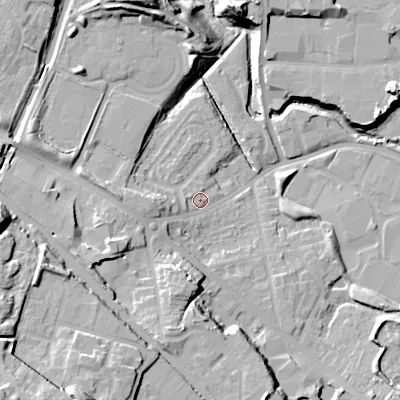 Shaded relief map of the ground around B693EG, computed from Environment Agency LiDAR. The ground here sits at about 136 m above sea level and falls 32 m across the surrounding 800 m. Surface water reaching this point runs off ground lying to the south-south-west, 25.7 m higher.