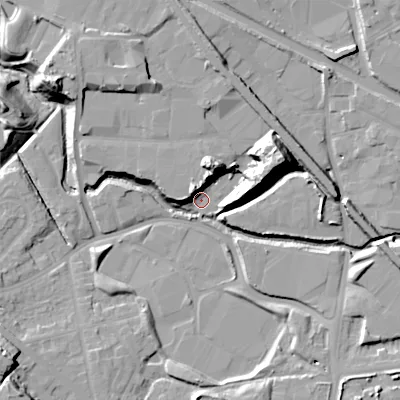 Shaded relief map of the ground around B693EH, computed from Environment Agency LiDAR. The ground here sits at about 132 m above sea level and falls 25 m across the surrounding 800 m. Surface water reaching this point runs off ground lying to the north-north-east, 14.9 m higher.