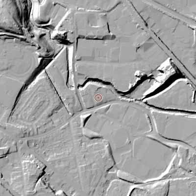 Shaded relief map of the ground around B693EJ, computed from Environment Agency LiDAR. The ground here sits at about 133 m above sea level and falls 26 m across the surrounding 800 m. Surface water reaching this point runs off ground lying to the north, 1.6 m higher.