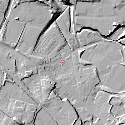 Shaded relief map of the ground around B693EQ, computed from Environment Agency LiDAR. The ground here sits at about 134 m above sea level and falls 32 m across the surrounding 800 m. Surface water reaching this point runs off ground lying to the south-west, 26.6 m higher.