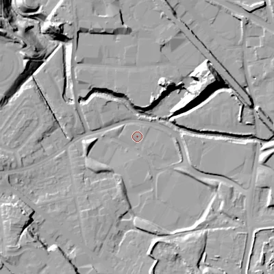 Shaded relief map of the ground around B693ES, computed from Environment Agency LiDAR. The ground here sits at about 132 m above sea level and falls 25 m across the surrounding 800 m. The ground contributing surface water to this point lies to the south-east.