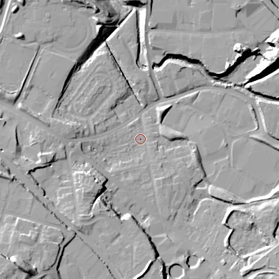 Shaded relief map of the ground around B693EY, computed from Environment Agency LiDAR. The ground here sits at about 134 m above sea level and falls 32 m across the surrounding 800 m. Surface water reaching this point runs off ground lying to the west, 6.2 m higher.