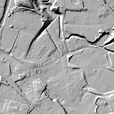 Shaded relief map of the ground around B693FG, computed from Environment Agency LiDAR. The ground here sits at about 132 m above sea level and falls 27 m across the surrounding 800 m. Surface water reaching this point runs off ground lying to the north, 19.6 m higher.