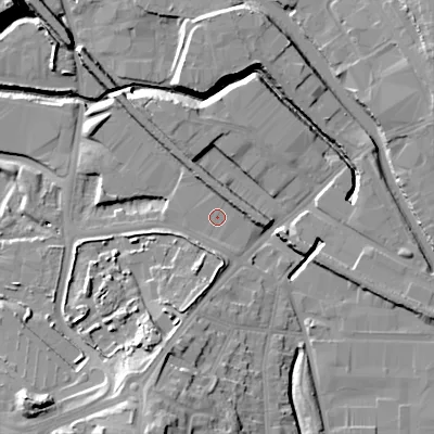 Shaded relief map of the ground around B693FH, computed from Environment Agency LiDAR. The ground here sits at about 138 m above sea level and falls 22 m across the surrounding 800 m. Surface water reaching this point runs off ground lying to the north-east, 3.2 m higher.
