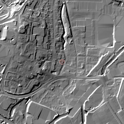Shaded relief map of the ground around B694AE, computed from Environment Agency LiDAR. The ground here sits at about 142 m above sea level and falls 17 m across the surrounding 800 m. Surface water reaching this point runs off ground lying to the west-north-west, 12.1 m higher.
