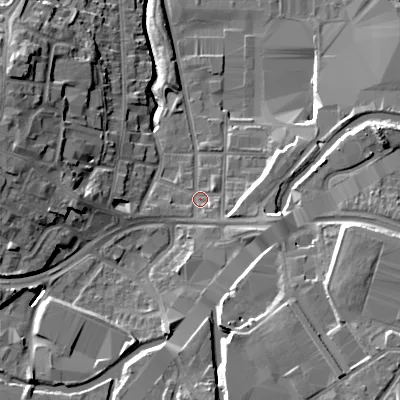 Shaded relief map of the ground around B694AH, computed from Environment Agency LiDAR. The ground here sits at about 142 m above sea level and falls 17 m across the surrounding 800 m. Surface water reaching this point runs off ground lying to the south-east, 2.3 m higher.