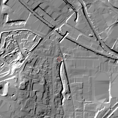 Shaded relief map of the ground around B694AT, computed from Environment Agency LiDAR. The ground here sits at about 138 m above sea level and falls 19 m across the surrounding 800 m. Surface water reaching this point runs off ground lying to the south-west, 17.3 m higher.