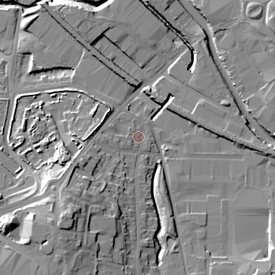 Shaded relief map of the ground around B694AU, computed from Environment Agency LiDAR. The ground here sits at about 139 m above sea level and falls 22 m across the surrounding 800 m. Surface water reaching this point runs off ground lying to the south-west, 12.2 m higher.