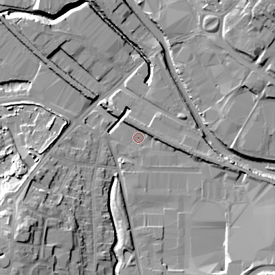 Shaded relief map of the ground around B694BF, computed from Environment Agency LiDAR. The ground here sits at about 138 m above sea level and falls 22 m across the surrounding 800 m. Surface water reaching this point runs off ground lying to the east-south-east, 4.1 m higher.