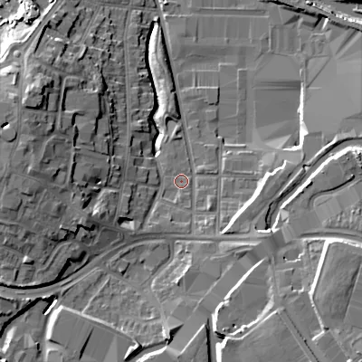 Shaded relief map of the ground around B694BN, computed from Environment Agency LiDAR. The ground here sits at about 141 m above sea level and falls 17 m across the surrounding 800 m. Surface water reaching this point runs off ground lying to the south-south-east, 3.2 m higher.