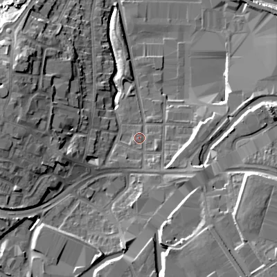 Shaded relief map of the ground around B694BX, computed from Environment Agency LiDAR. The ground here sits at about 141 m above sea level and falls 17 m across the surrounding 800 m. Surface water reaching this point runs off ground lying to the south-south-east, 3.2 m higher.