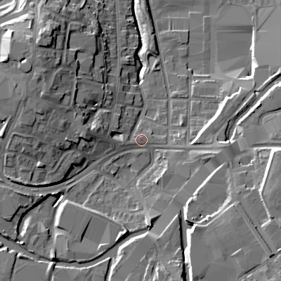 Shaded relief map of the ground around B694ED, computed from Environment Agency LiDAR. The ground here sits at about 142 m above sea level and falls 17 m across the surrounding 800 m. Surface water reaching this point runs off ground lying to the north-west, 12.1 m higher.