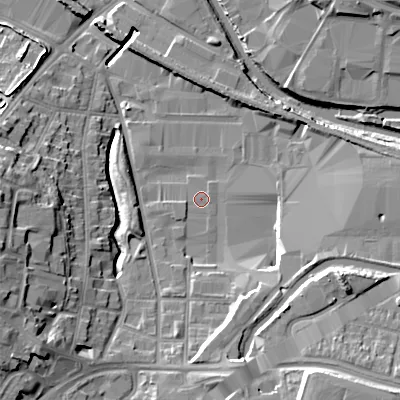 Shaded relief map of the ground around B694HF, computed from Environment Agency LiDAR. The ground here sits at about 139 m above sea level and falls 16 m across the surrounding 800 m. Surface water reaching this point runs off ground lying to the south-east, 13.0 m higher.