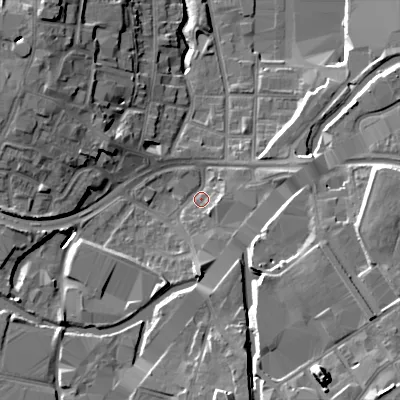 Shaded relief map of the ground around B694JB, computed from Environment Agency LiDAR. The ground here sits at about 142 m above sea level and falls 20 m across the surrounding 800 m. Surface water reaching this point runs off ground lying to the south-south-east, 15.5 m higher.
