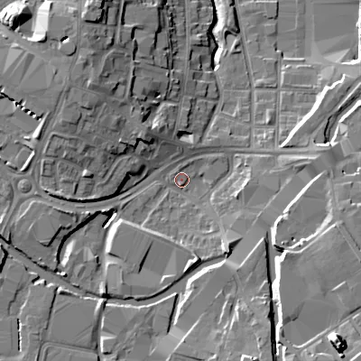 Shaded relief map of the ground around B694JD, computed from Environment Agency LiDAR. The ground here sits at about 142 m above sea level and falls 20 m across the surrounding 800 m. Surface water reaching this point runs off ground lying to the south-east, 17.0 m higher.