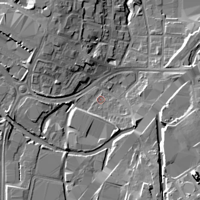 Shaded relief map of the ground around B694JF, computed from Environment Agency LiDAR. The ground here sits at about 142 m above sea level and falls 20 m across the surrounding 800 m. Surface water reaching this point runs off ground lying to the south-east, 13.0 m higher.