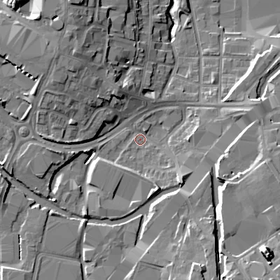 Shaded relief map of the ground around B694JG, computed from Environment Agency LiDAR. The ground here sits at about 142 m above sea level and falls 20 m across the surrounding 800 m. Surface water reaching this point runs off ground lying to the south-south-east, 11.2 m higher.