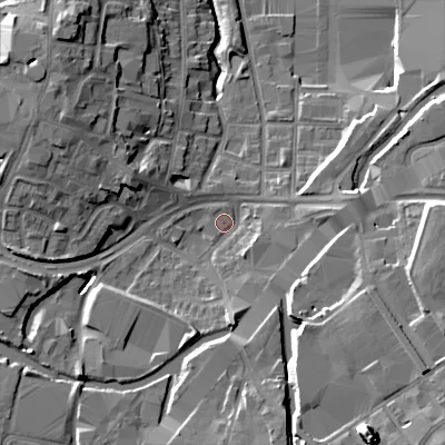 Shaded relief map of the ground around B694JN, computed from Environment Agency LiDAR. The ground here sits at about 142 m above sea level and falls 20 m across the surrounding 800 m. Surface water reaching this point runs off ground lying to the south-south-east, 17.0 m higher.