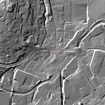 Shaded relief map of the ground around B694JP, computed from Environment Agency LiDAR. The ground here sits at about 142 m above sea level and falls 20 m across the surrounding 800 m. Surface water reaching this point runs off ground lying to the south-east, 10.5 m higher.
