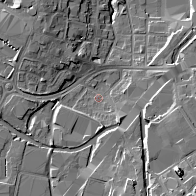 Shaded relief map of the ground around B694JQ, computed from Environment Agency LiDAR. The ground here sits at about 142 m above sea level and falls 20 m across the surrounding 800 m. Surface water reaching this point runs off ground lying to the south-east, 15.4 m higher.