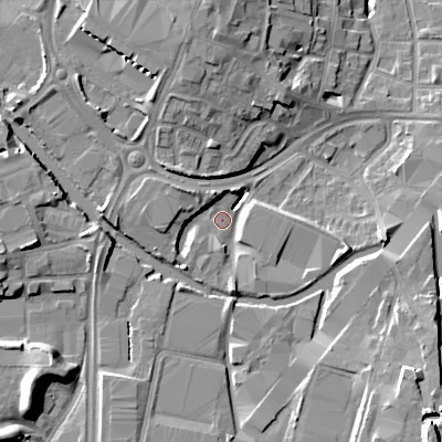 Shaded relief map of the ground around B694JR, computed from Environment Agency LiDAR. The ground here sits at about 143 m above sea level and falls 17 m across the surrounding 800 m. Surface water reaching this point runs off ground lying to the west, 6.8 m higher.
