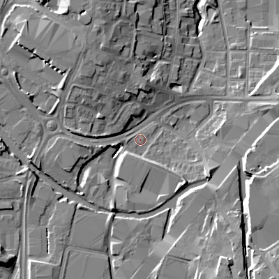 Shaded relief map of the ground around B694JT, computed from Environment Agency LiDAR. The ground here sits at about 142 m above sea level and falls 16 m across the surrounding 800 m. Surface water reaching this point runs off ground lying to the south-east, 12.9 m higher.
