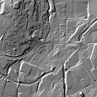 Shaded relief map of the ground around B694JW, computed from Environment Agency LiDAR. The ground here sits at about 142 m above sea level and falls 20 m across the surrounding 800 m. Surface water reaching this point runs off ground lying to the south-east, 17.0 m higher.