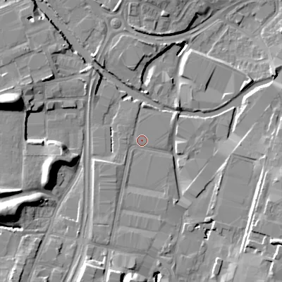 Shaded relief map of the ground around B694JY, computed from Environment Agency LiDAR. The ground here sits at about 145 m above sea level and falls 18 m across the surrounding 800 m. Surface water reaching this point runs off ground lying to the south-east, 10.9 m higher.