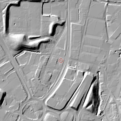 Shaded relief map of the ground around B694LE, computed from Environment Agency LiDAR. The ground here sits at about 146 m above sea level and falls 17 m across the surrounding 800 m. Surface water reaching this point runs off ground lying to the south-south-east, 7.7 m higher.