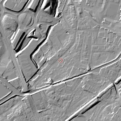 Shaded relief map of the ground around B694QD, computed from Environment Agency LiDAR. The ground here sits at about 153 m above sea level and falls 22 m across the surrounding 800 m. Surface water reaching this point runs off ground lying to the east-south-east, 3.6 m higher.