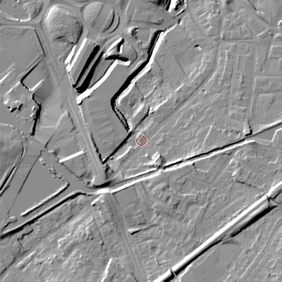 Shaded relief map of the ground around B694QE, computed from Environment Agency LiDAR. The ground here sits at about 153 m above sea level and falls 21 m across the surrounding 800 m. Surface water reaching this point runs off ground lying to the south-south-east, 7.7 m higher.