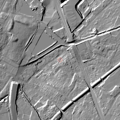 Shaded relief map of the ground around B694QF, computed from Environment Agency LiDAR. The ground here sits at about 155 m above sea level and falls 20 m across the surrounding 800 m. Surface water reaching this point runs off ground lying to the south, 13.7 m higher.