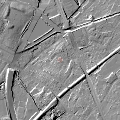 Shaded relief map of the ground around B694QG, computed from Environment Agency LiDAR. The ground here sits at about 158 m above sea level and falls 19 m across the surrounding 800 m. Surface water reaching this point runs off ground lying to the south-south-east, 3.6 m higher.