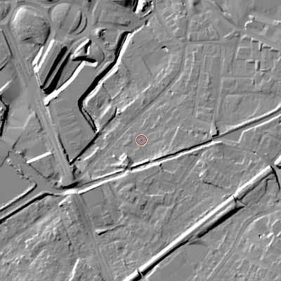 Shaded relief map of the ground around B694QH, computed from Environment Agency LiDAR. The ground here sits at about 153 m above sea level and falls 23 m across the surrounding 800 m. Surface water reaching this point runs off ground lying to the south-east, 14.5 m higher.